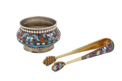 Lot 252 - A Nicholas II Russian 84 zolotnik silver gilt and cloisonné enamel salt, Moscow circa 1900 by D.P. Nitkin