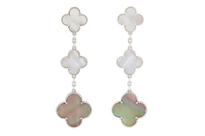 Lot 236 - VAN CLEEF & ARPELS Ι A PAIR OF MOTHER-OF-PEARL AND CHALCEDONY 'MAGIC ALHAMBRA' PENDENT EARRINGS