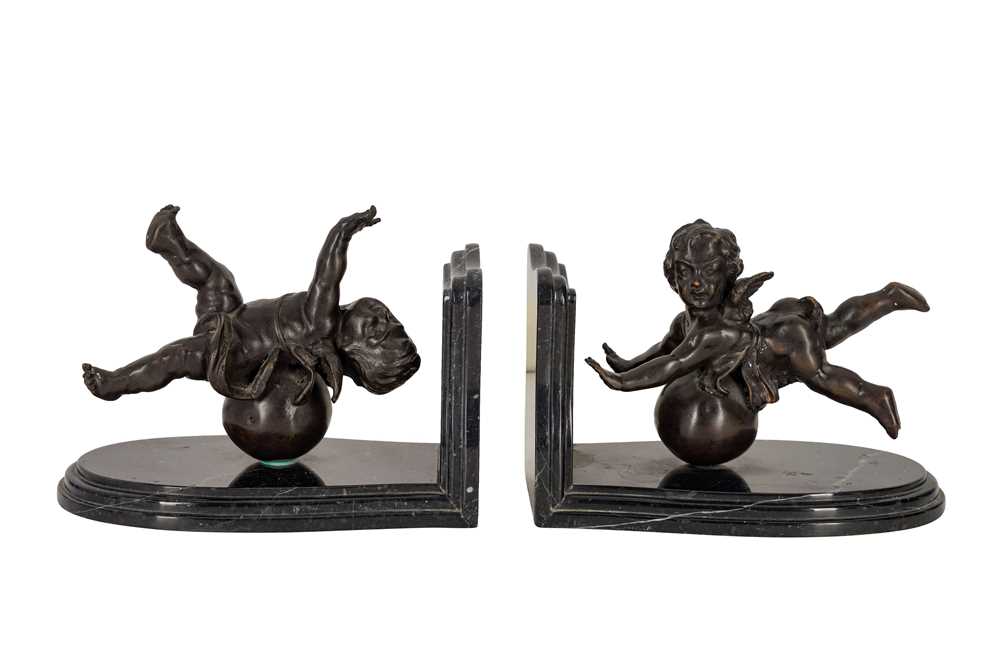 Lot 219 - A PAIR OF BRONZE AND MARBLE BOOKENDS, SIGNED AUGUSTE MOREAU (FRENCH 1834 - 1917), LATE 19TH/EARLY 20TH CENTURY