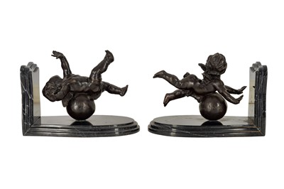 Lot 219 - A PAIR OF BRONZE AND MARBLE BOOKENDS, SIGNED AUGUSTE MOREAU (FRENCH 1834 - 1917), LATE 19TH/EARLY 20TH CENTURY