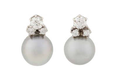 Lot 125 - A PAIR OF CULTURED PEARL AND DIAMOND STUD EARRINGS