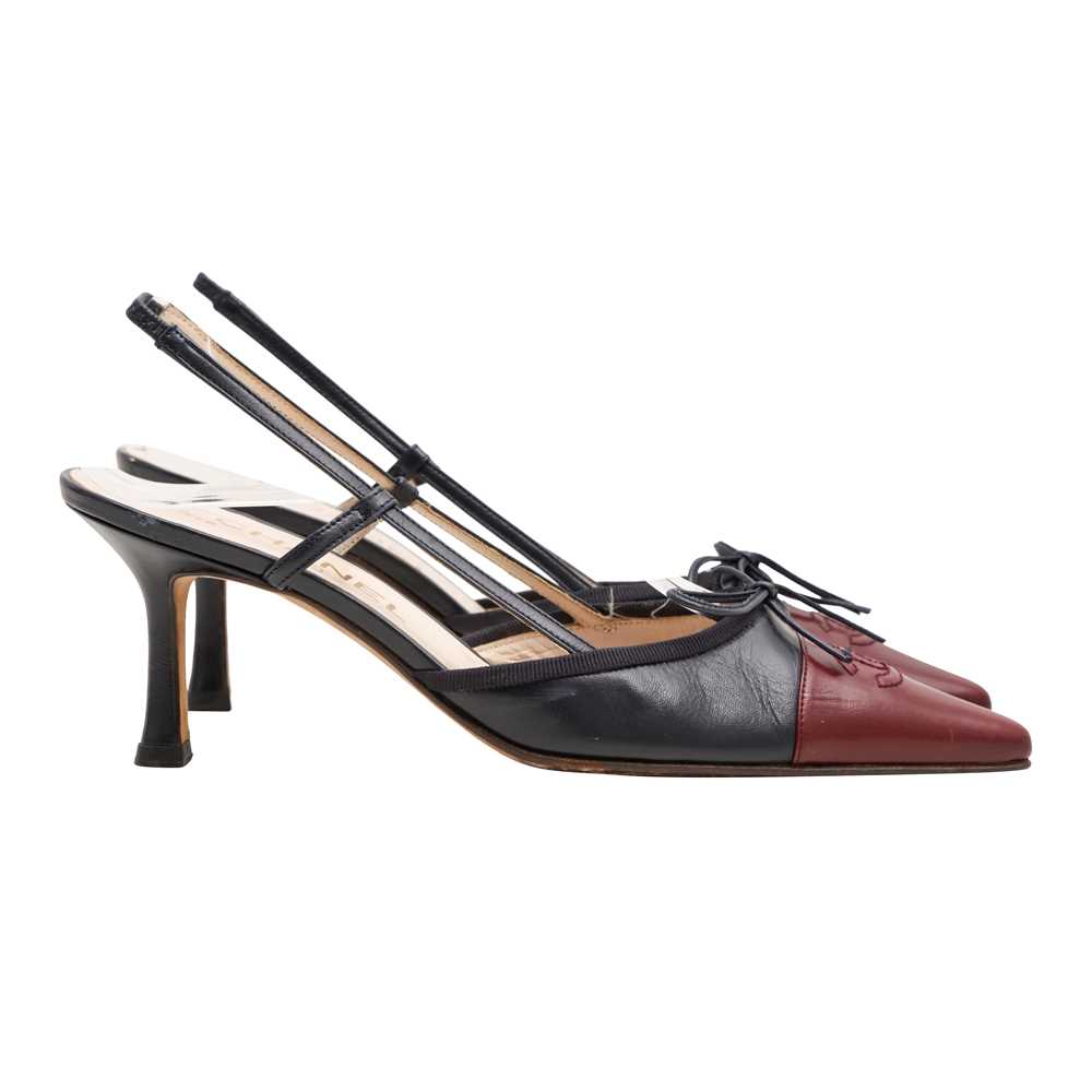 Lot 84 - Chanel Navy Two Tone Kitten Heel Slingback Pump - Size 35.5