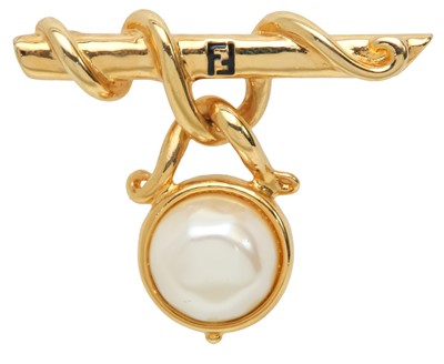 Lot 20 - Fendi Ivory Pearl Drop FF Bar Brooch