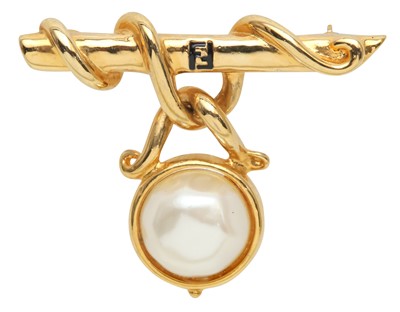 Lot 32 - Fendi Ivory Pearl Drop FF Bar Brooch