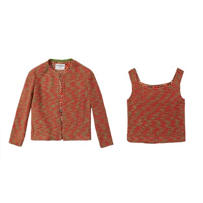 Lot 25 - Chanel Red Boucle Jacket and Top Set - Size 40
