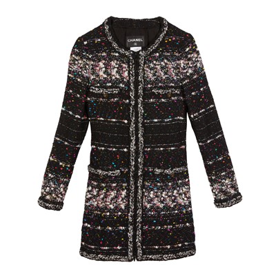 Lot 253 - Chanel Black Boucle CC Collarless Coat - Size 42
