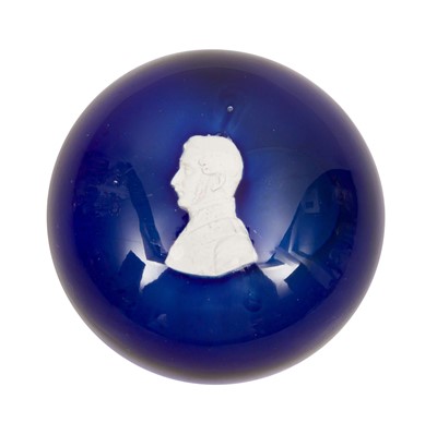 Lot 98 - A blue glass paperweight set with a sulphide portrait of the Duke of Wellington