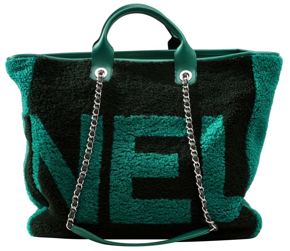 Lot 115 - Chanel Green Shearling Logo Maxi Shopping Tote