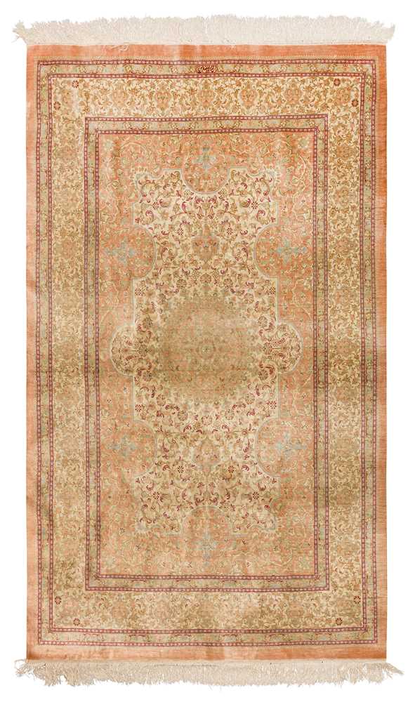 Lot 73 - AN EXTREMELY FINE SIGNED SILK QUM RUG, CENTRAL PERSIA