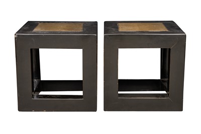 Lot 85 - A PAIR OF CHINESE BLACK LACQUER MARBLE-INSET SIDE TABLES