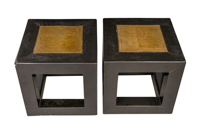 Lot 85 - A PAIR OF CHINESE BLACK LACQUER MARBLE-INSET SIDE TABLES