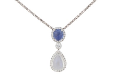 Lot 259 - A SAPPHIRE, MOONSTONE, AND DIAMOND PENDANT NECKLACE