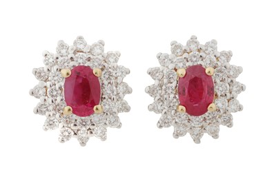 Lot 115 - A PAIR OF RUBY AND DIAMOND CLUSTER EARRINGS