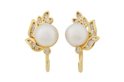 Lot 82 - A PAIR OF CULTURED PEARL AND DIAMOND EARRINGS