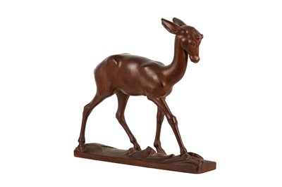 Lot 121 - ALFRED JAMES OAKLEY (BRITISH, 1878–1959), CARVED OAK SCULPTURE OF A FAWN