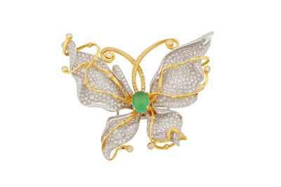 Lot 172 - AN EMERALD AND DIAMOND BUTTERFLY BROOCH / RING / NECKLACE / BRACELET