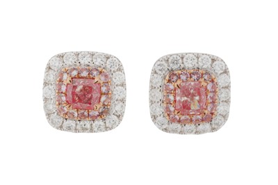 Lot 189 - A PAIR OF PINK AND WHITE DIAMOND CLUSTER EARRINGS