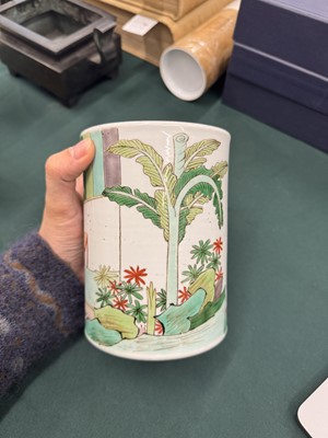 Lot 499 - A Chinese famille-verte 'figural' brush pot, bitong, 19th - 20th century