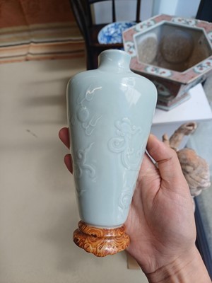 Lot 511 - A Chinese celadon glazed and faux-bois 'chilong' wall vase, 19th/20th century