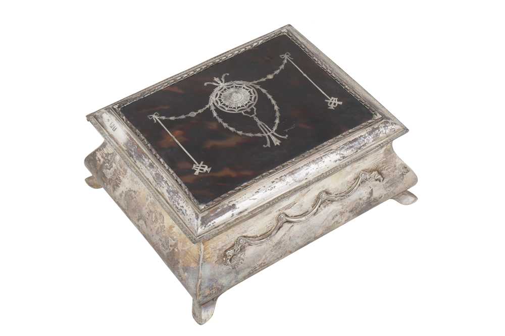 Lot 557 - An Edwardian sterling silver and tortoiseshell jewellery casket casing, London 1906 by William Comyns