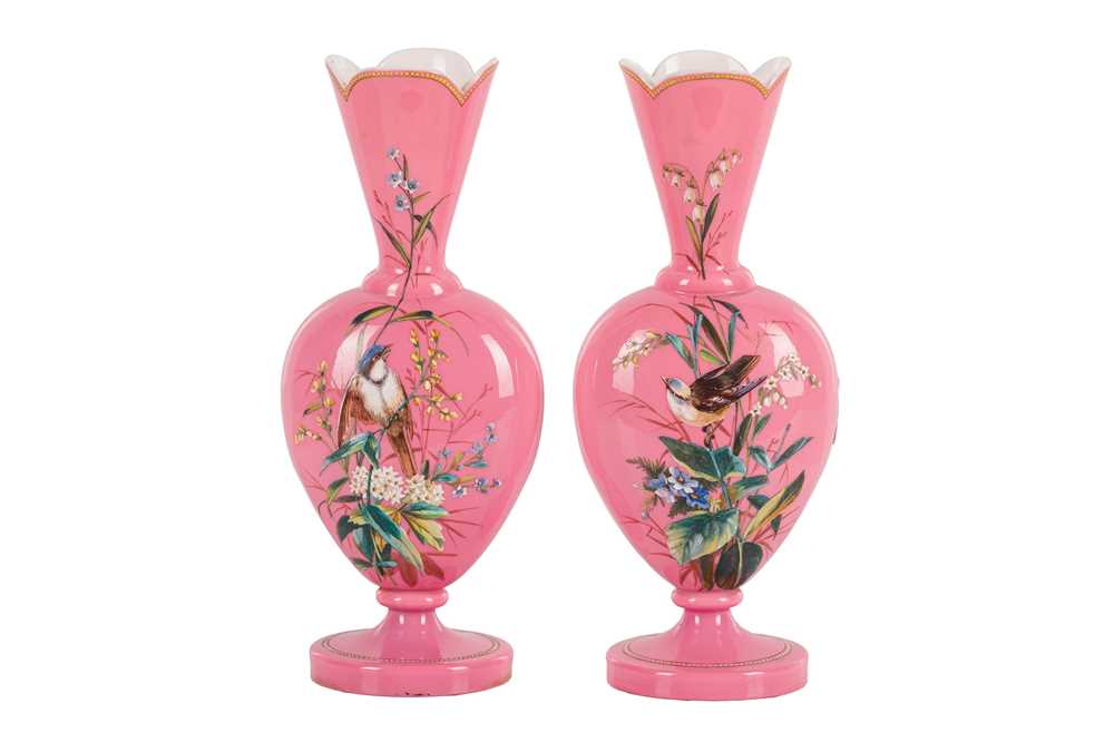 Lot 53 - A PAIR OF VICTORIAN OPAQUE PINK GLASS VASES
