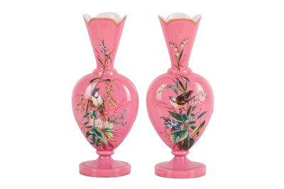 Lot 53 - A PAIR OF VICTORIAN OPAQUE PINK GLASS VASES