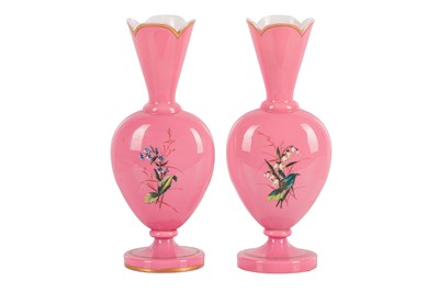 Lot 53 - A PAIR OF VICTORIAN OPAQUE PINK GLASS VASES