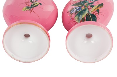 Lot 53 - A PAIR OF VICTORIAN OPAQUE PINK GLASS VASES