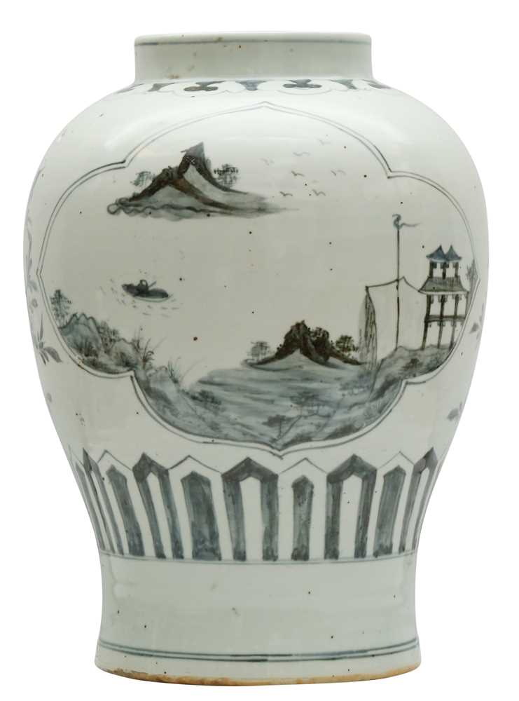 Lot 434 - A LARGE KOREAN BLUE AND WHITE 'LANDSCAPE' VASE