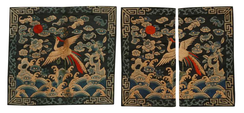Lot 135 - TWO CHINESE SILK EMBROIDERED RANK BADGES, BUZI