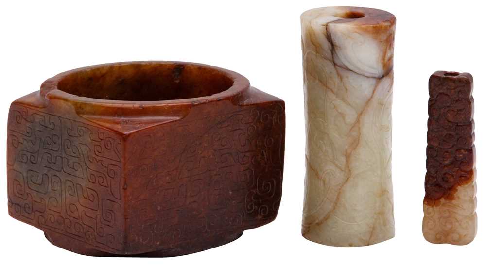 92 - THREE CHINESE ARCHAISTIC JADE CARVINGS