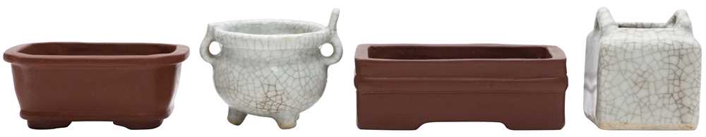 Lot 763 - TWO SMALL CHINESE GE-TYPE CENSERS AND TWO YIXING ZISHA JARDINIERES