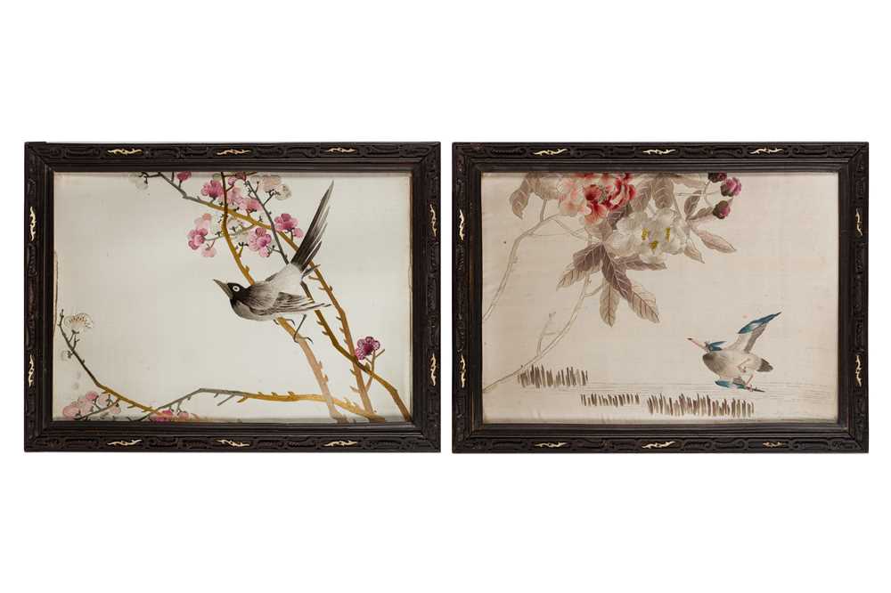 Lot 213 - TWO CHINESE SILK EMBROIDERED 'BIRD' PANELS, FRAMED