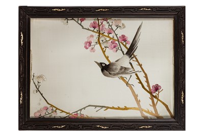 Lot 213 - TWO CHINESE SILK EMBROIDERED 'BIRD' PANELS, FRAMED
