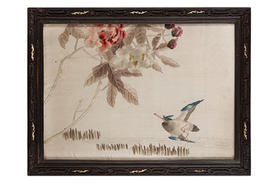 Lot 213 - TWO CHINESE SILK EMBROIDERED 'BIRD' PANELS, FRAMED