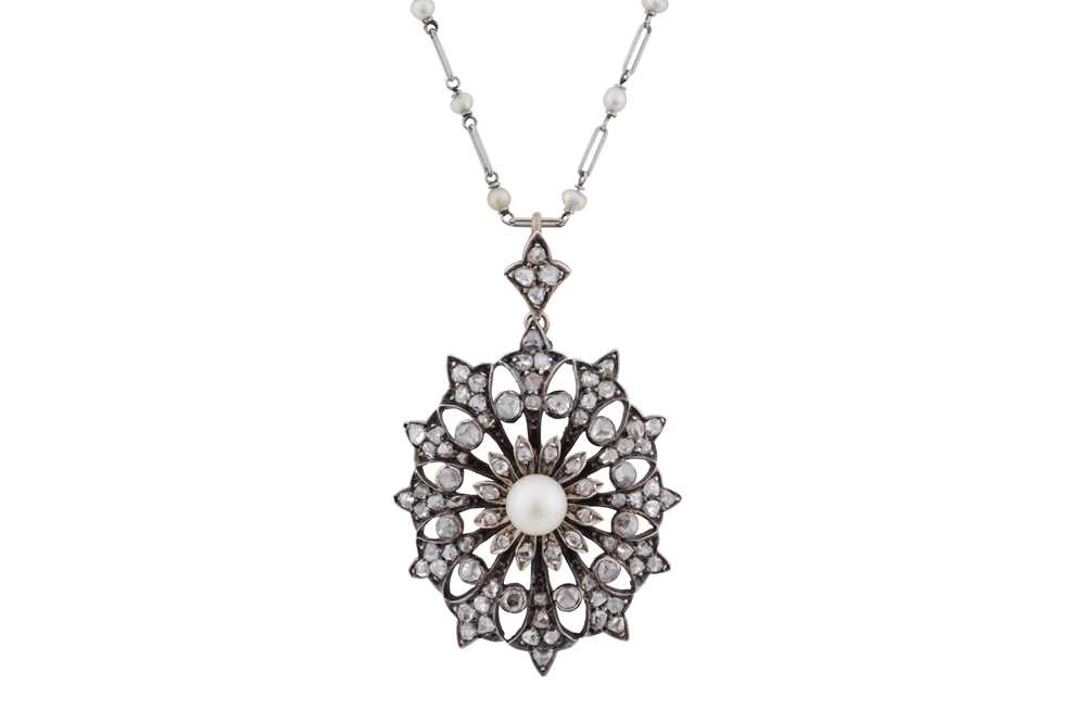 Lot 16 - A pearl and diamond pendant necklace