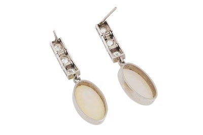 Lot 37 - A pair of moonstone and diamond pendent earrings