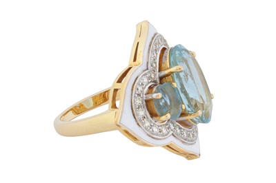 Lot 159 - An aquamarine, diamond and enamel ring