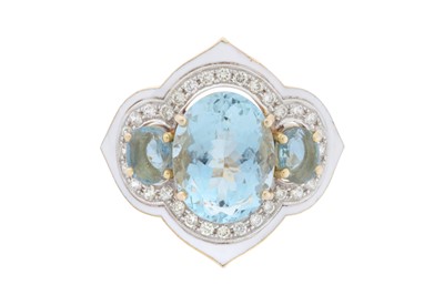 Lot 159 - An aquamarine, diamond and enamel ring