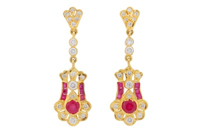 Lot 125 - A pair of ruby and diamond pendent earrings