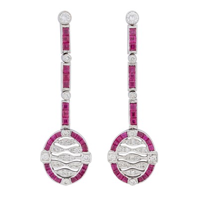 Lot 183 - A pair of ruby and diamond pendent earrings