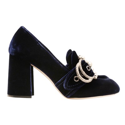 Lot 654 - Miu Miu Navy Embellished Heeled Loafer - Size 37.5