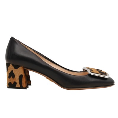 Lot 656 - Prada Black Vernice Cheetah Buckle Heeled Pump