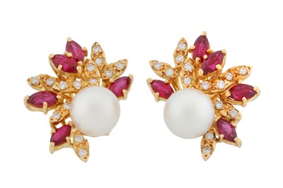 Lot 119 - A pair of ruby, pearl and diamond earrings