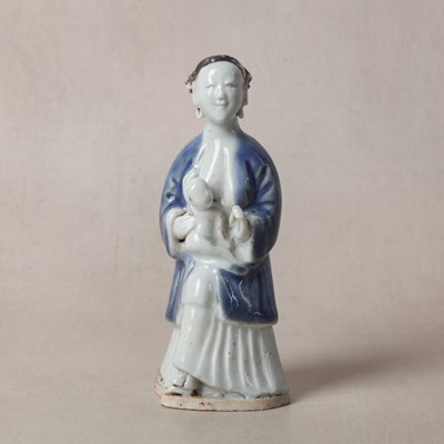 Lot 40 - A rare Chinese glazed-biscuit 'lady and child' figure, Qing dynasty, Qianlong period