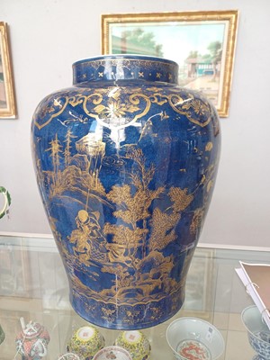 Lot 41 - A very large Chinese powder-blue gilt-decorated jar and cover, Qing dynasty, Kangxi period
