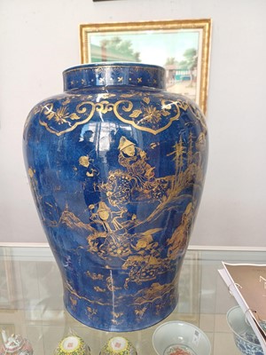 Lot 41 - A very large Chinese powder-blue gilt-decorated jar and cover, Qing dynasty, Kangxi period