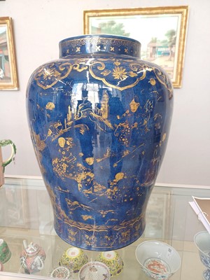 Lot 41 - A very large Chinese powder-blue gilt-decorated jar and cover, Qing dynasty, Kangxi period