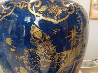 Lot 41 - A very large Chinese powder-blue gilt-decorated jar and cover, Qing dynasty, Kangxi period