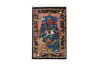 Lot 163 - AN EXTREMELY FINE SILK QUM RUG WITH HUNTING DESIGN, CENTRAL PERSIA
